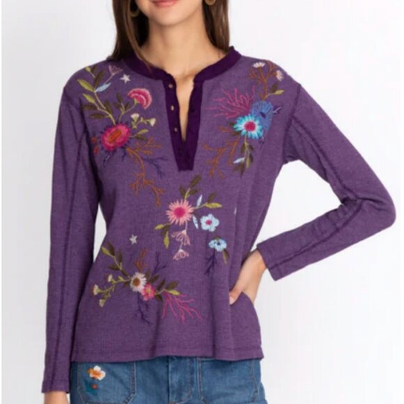 Johnny Was Ulla Raw Seam Henley Thermal Top in Purple XL - Picture 4 of 8